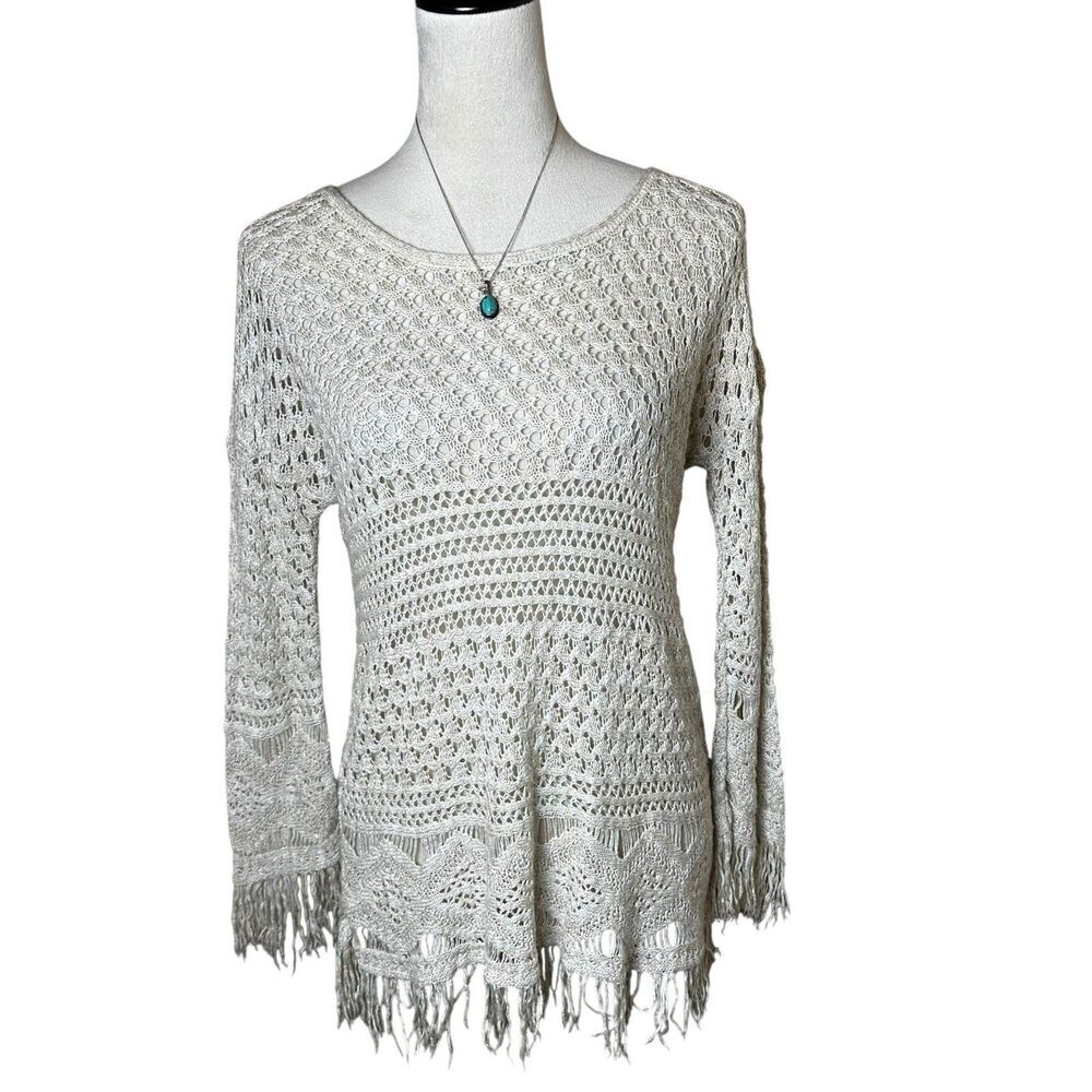 Y2K Boho Crochet Open‎ Knit Fringe Neutral Hippie Top M | Coastal Beach Festival